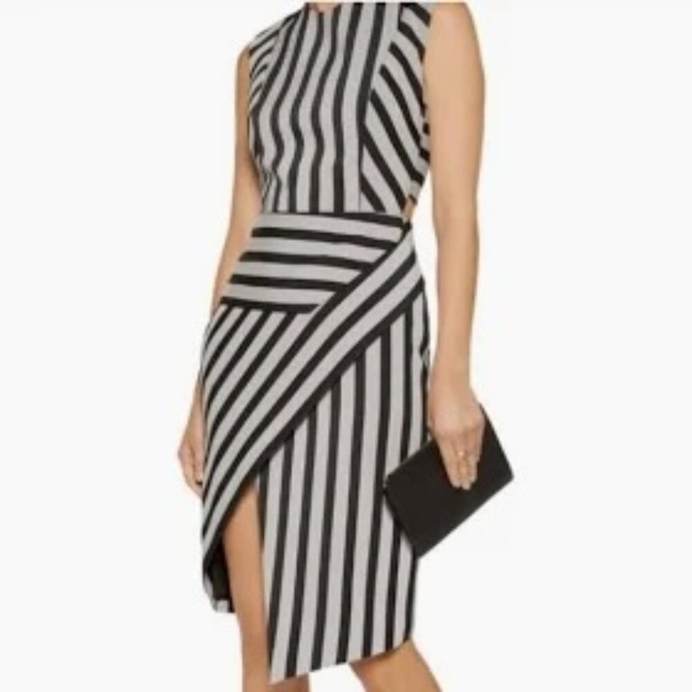 MASON by Michelle Mason blue and gray striped asymmetrical midi dress SZ 6